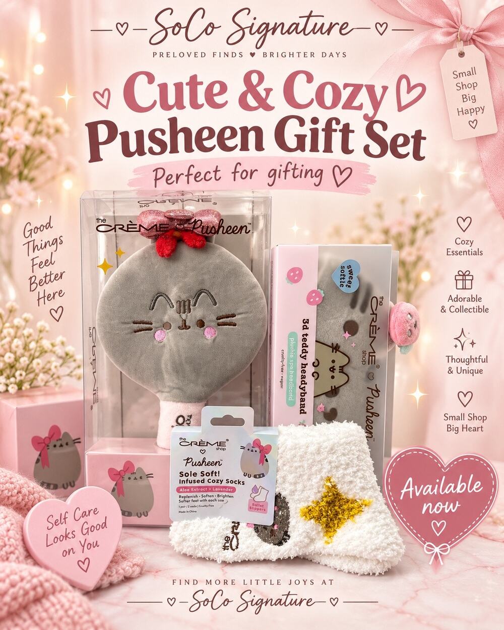 The Creme Shop Pusheen Plush Mirror, Socks, 3D Teddy Spa Headband Gift Set NWT
